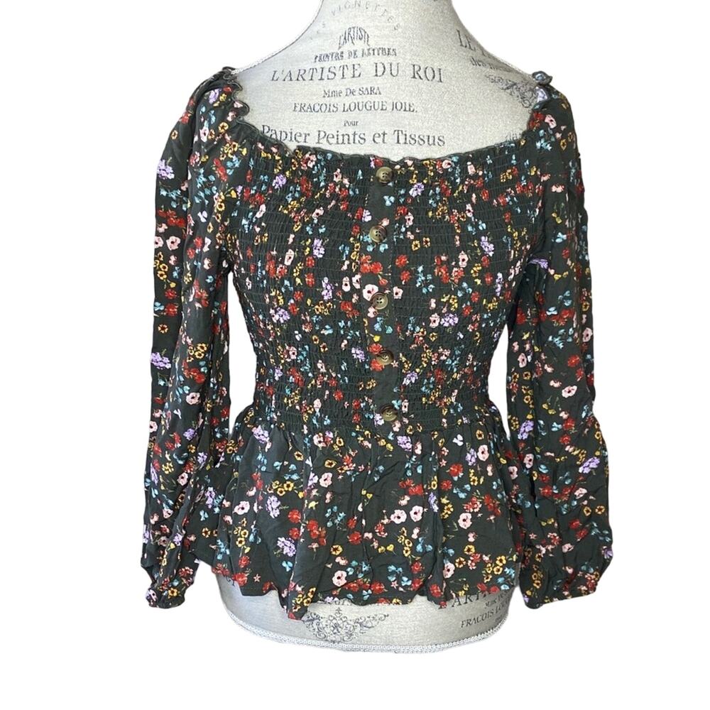 Wishful Park Green Floral Print Smocked Long Sleeve Shirt Women's Size Large NWT